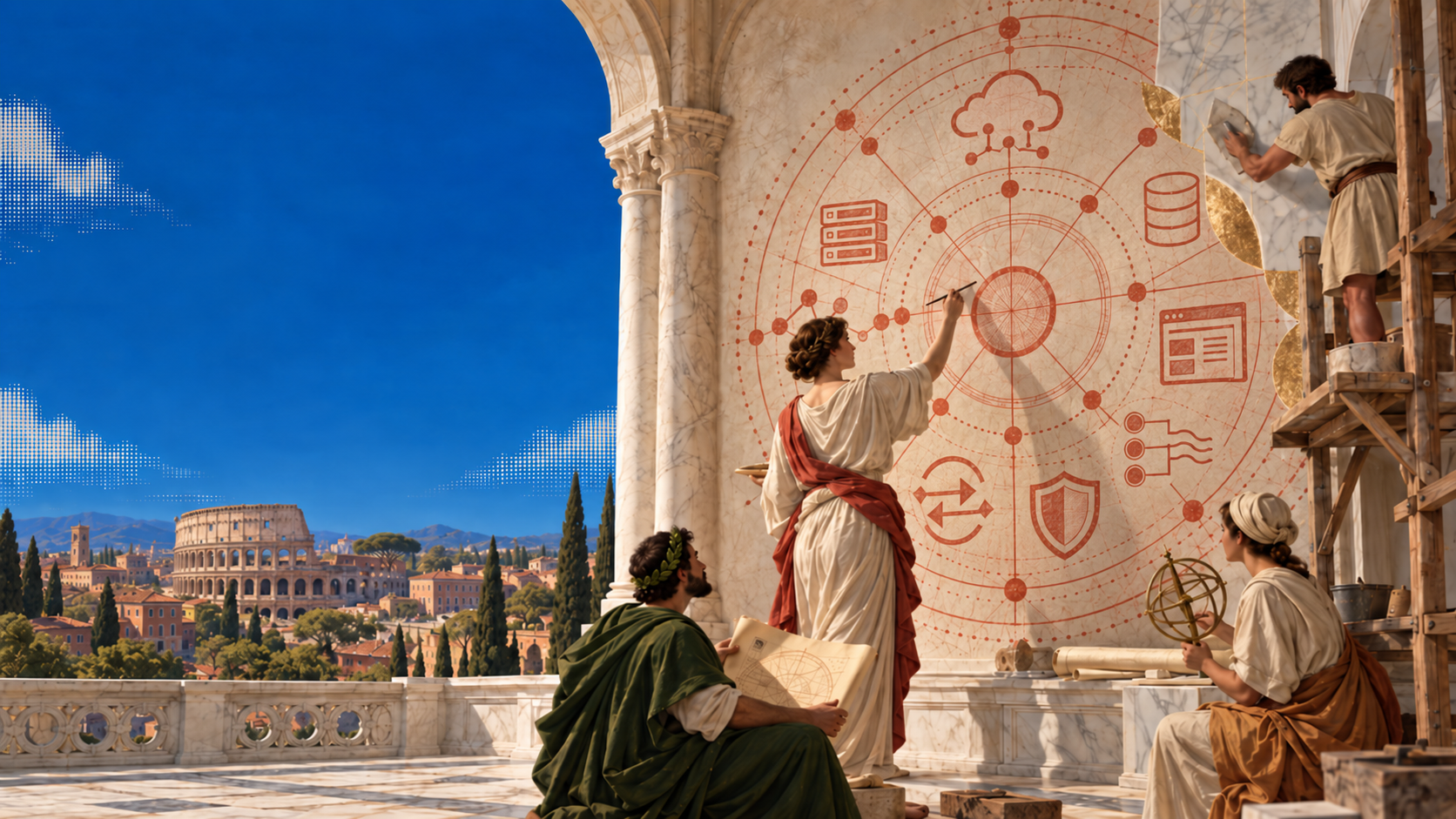 Figure classiche su una loggia di marmo sopra il panorama di Roma. Una dipinge sulla parete un grande disegno di sistema in rosso sinopia, mentre le altre studiano pergamene e uno strumento di ottone sotto un cielo blu intenso.