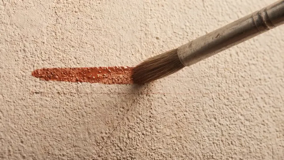 Un pennello stende pigmento rosso sinopia sull’intonaco, poi la vista si allarga su un pittore che completa un diagramma architettonico su una parete mentre un collega legge da una pergamena su un’impalcatura di legno.