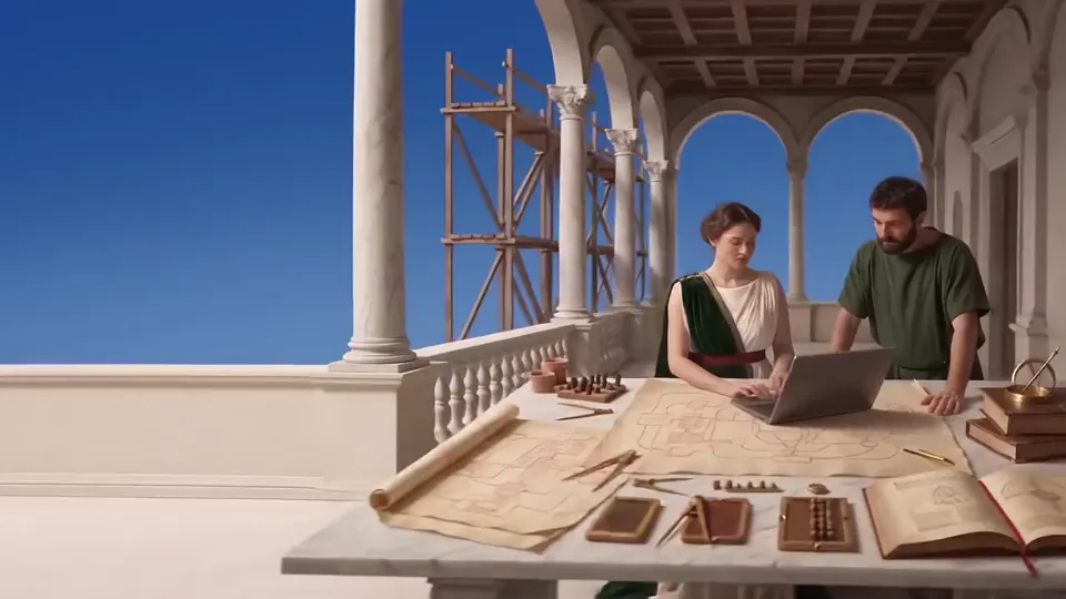Due ingegneri in abiti classici studiano disegni e un portatile a un tavolo di marmo in una loggia; la camera passa sopra una spalla fino allo schermo, dove il codice affianca un diagramma logico in rosso sinopia.