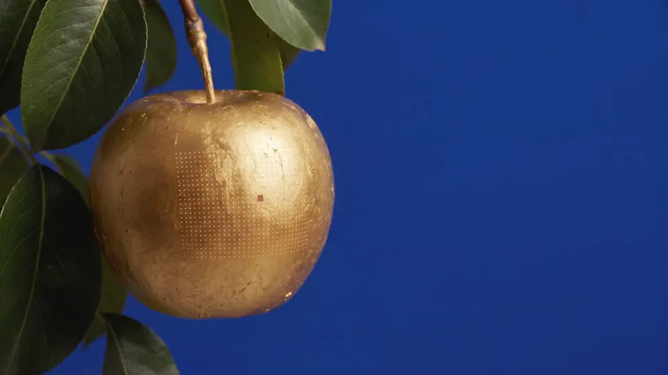 Una sola pera dorata pende contro un cielo blu profondo; la vista si allarga su un frutteto curato in un cortile di marmo, dove un giardiniere raccoglie i frutti, una donna innaffia l’albero e un uomo seduto prende appunti.