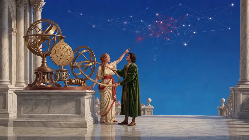 Due studiosi accanto a una sfera armillare di ottone puntano un’asta verso una costellazione disegnata su un cielo blu notte; la vista si stringe finché la mappa stellare, intrecciata di linee rosso sinopia, riempie l’inquadratura.