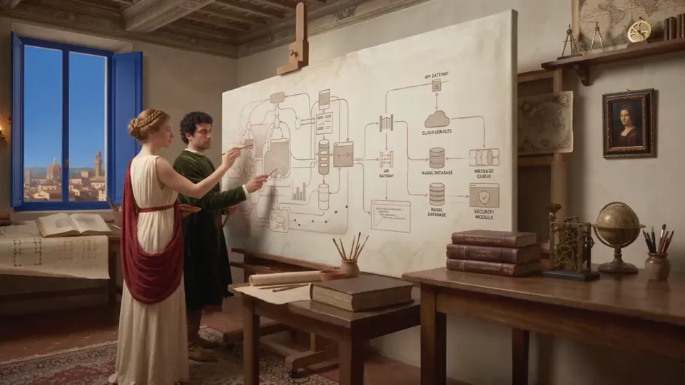 Una designer e un ingegnere rifiniscono un grande diagramma a parete in uno studio fiorentino; mentre lavorano, il disegno di sistema in rosso sinopia si trasforma in un’interfaccia finita di marmo e vetro con pannelli dipinti e grafici.